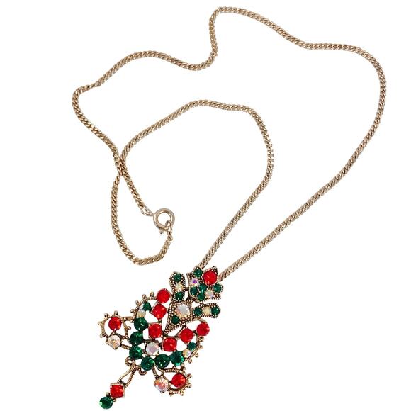 Vintage Gold Tone Christmas Tree Necklace Mid Century Rhinestone AB Sparkling - Picture 3 of 12